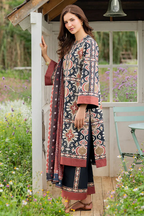 JAZMIN - 3PC KHADDAR PRINTED SHIRT WITH KHADDAR PRINTED DUPATTA AND TROUSER - HZU2510