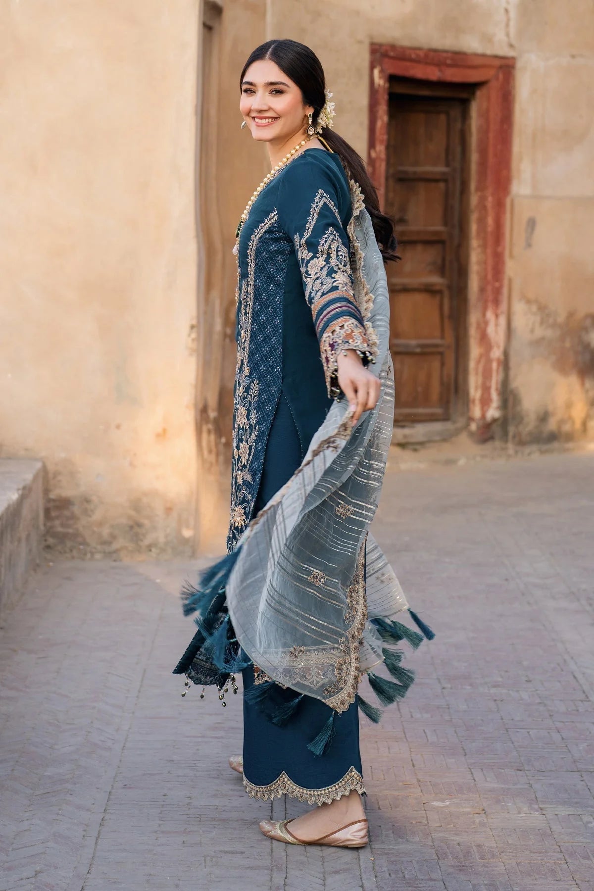 NUREH - 3PC DHANAK EMBROIDERED SHIRT WITH COTTON NET EMBROIDERED DUPATTA AND TROUSER - HZU2441