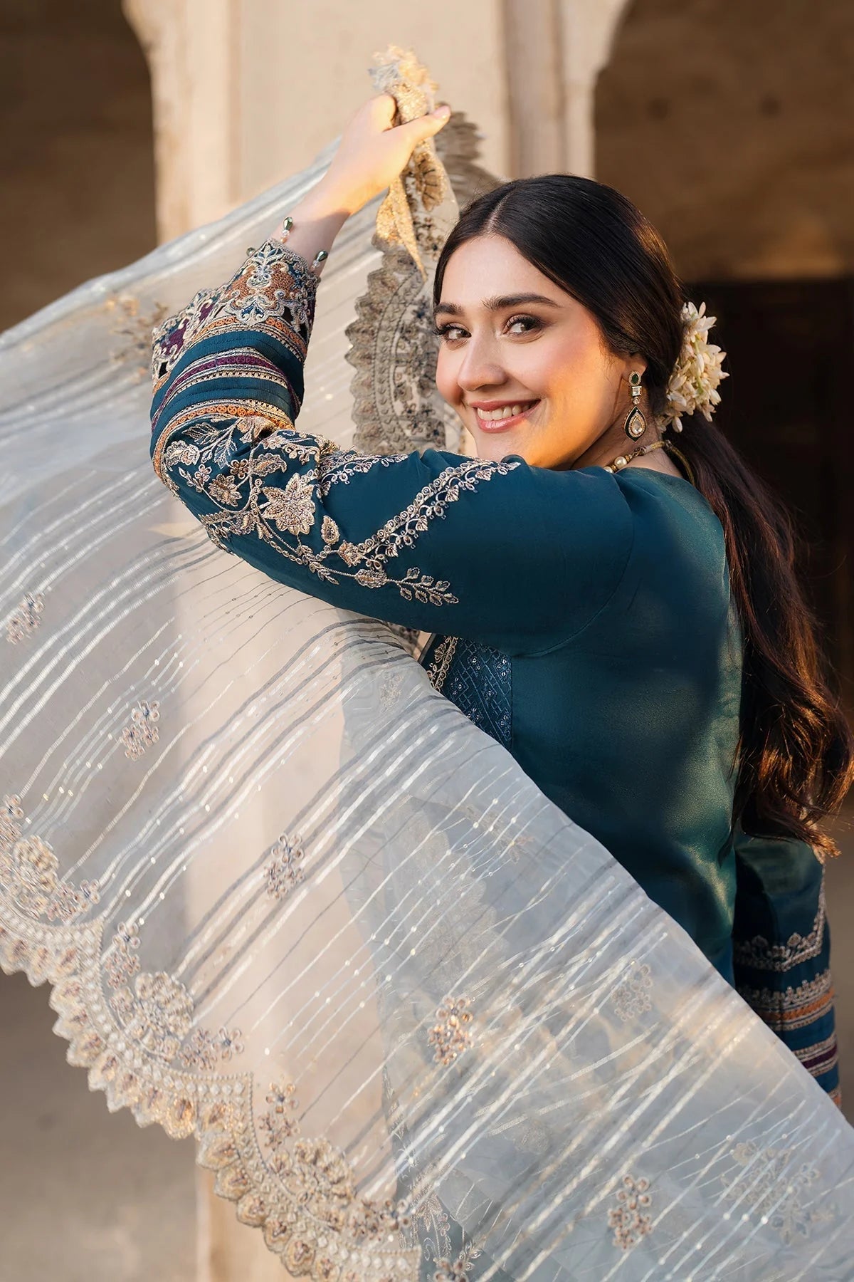 NUREH - 3PC DHANAK EMBROIDERED SHIRT WITH COTTON NET EMBROIDERED DUPATTA AND TROUSER - HZU2441