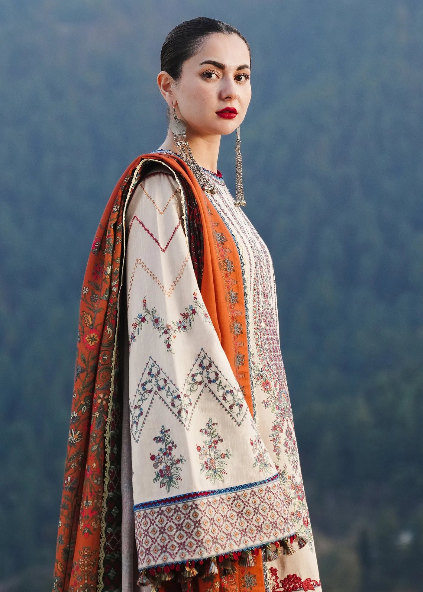 HUSSAIN REHAR - 3PC DHANAK EMBROIDERED SHIRT WITH TWILL PRINTED SHAWL AND TROUSER - HZU2540