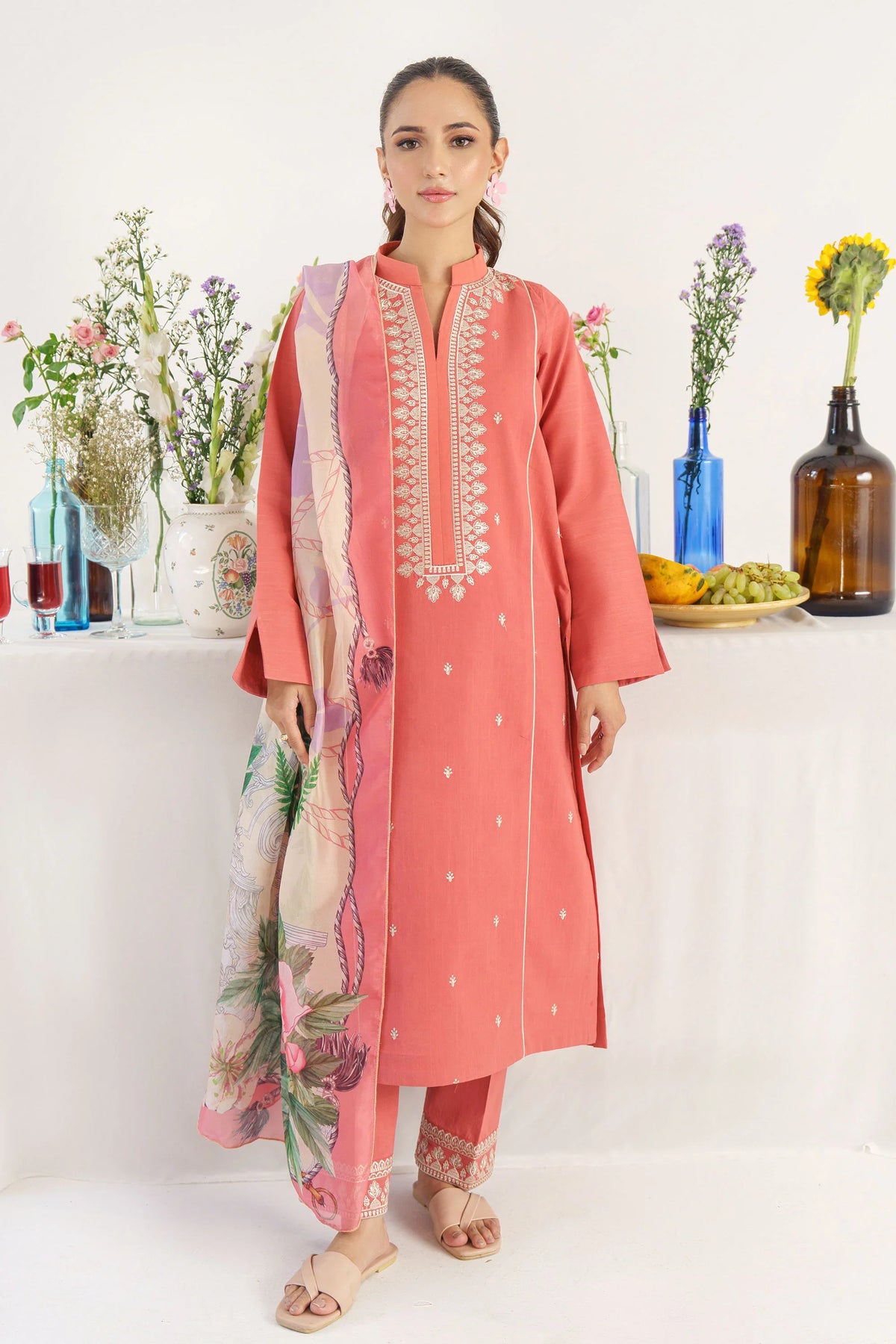 HANA - 3PC DHANAK EMBROIDERED SHIRT WITH TWILL PRINTED SHAWL AND TROUSER - HZG1831