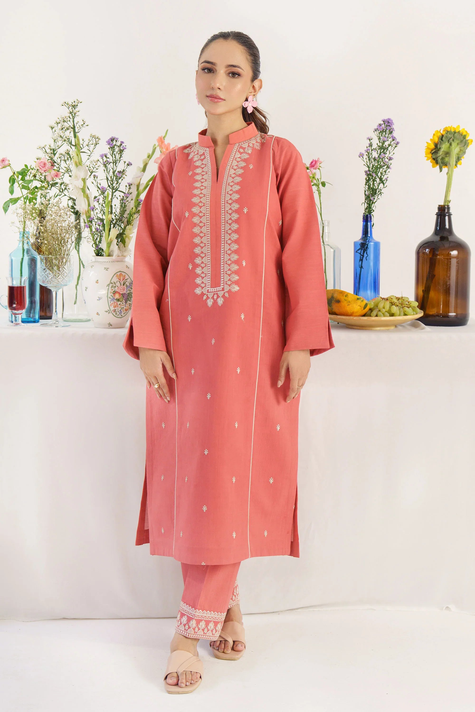 HANA - 3PC DHANAK EMBROIDERED SHIRT WITH TWILL PRINTED SHAWL AND TROUSER - HZG1831