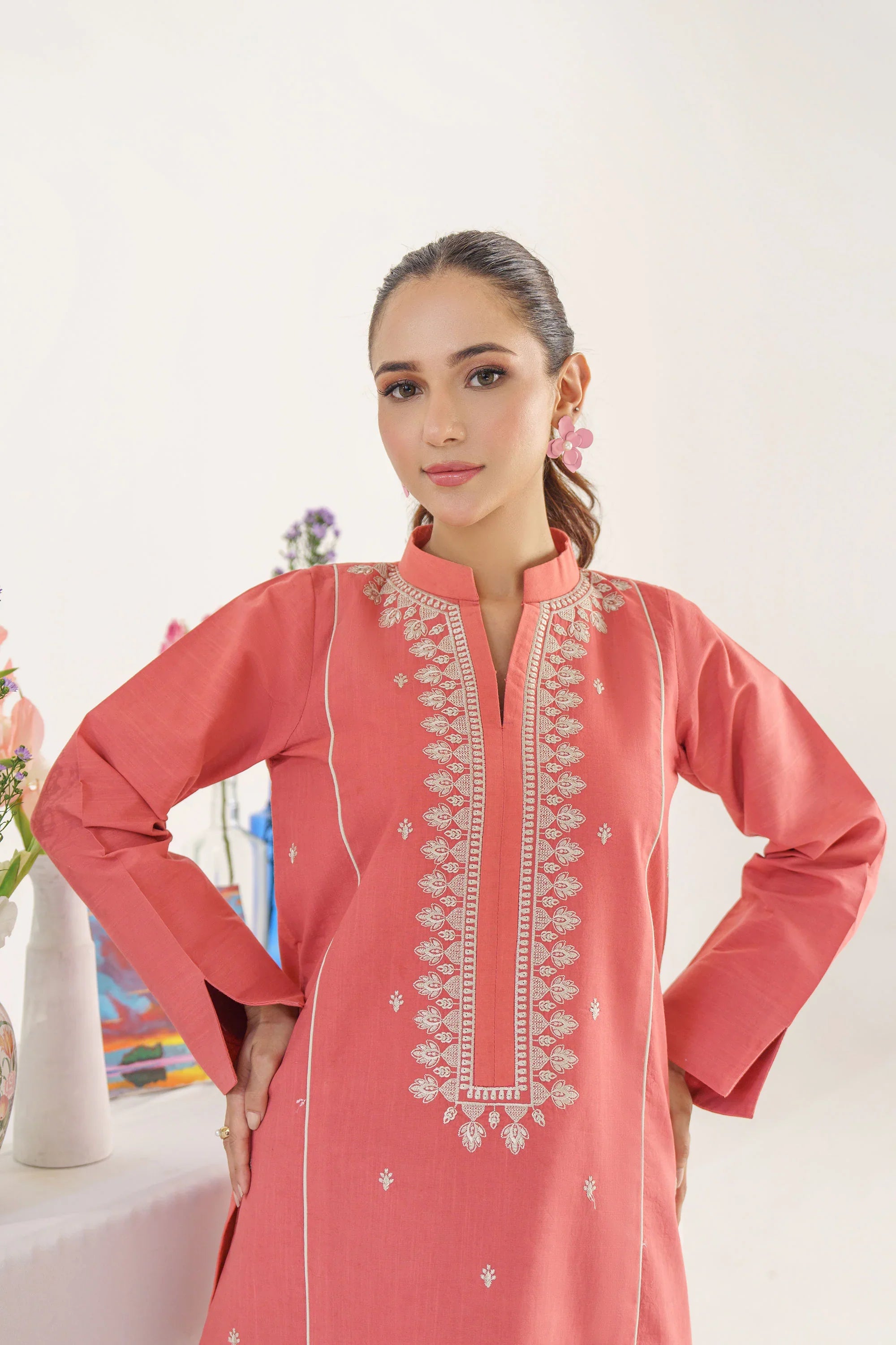 HANA - 3PC DHANAK EMBROIDERED SHIRT WITH TWILL PRINTED SHAWL AND TROUSER - HZG1831