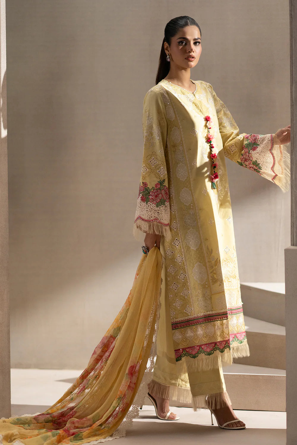 ETHNIC - 3PC LAWN EMBROIDERED SHIRT WITH CHIFFON PRINTED DUPATTA  AND TROUSER - HZG2212