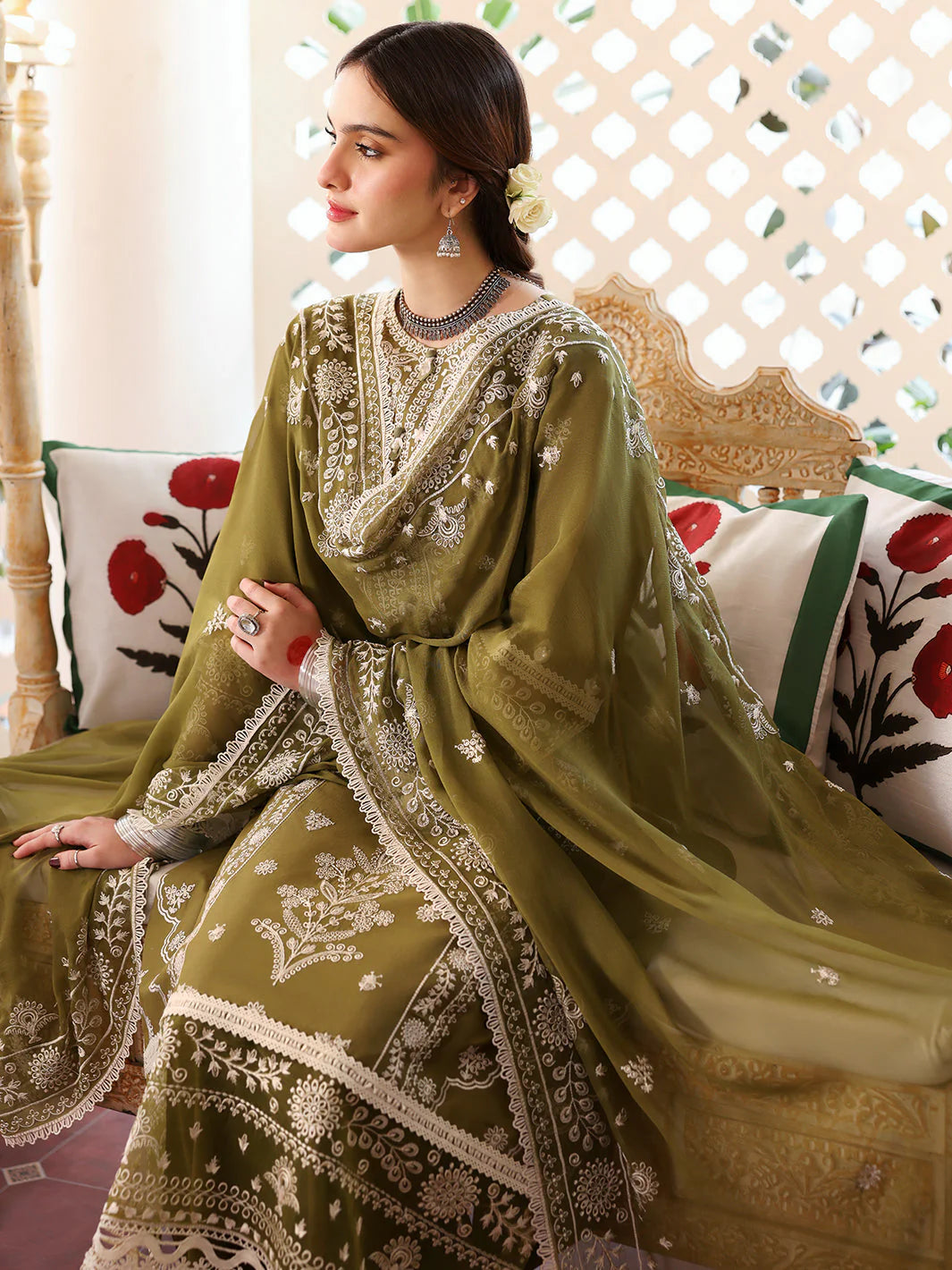 MAHNUR - 3PC LAWN EMBROIDERED SHIRT WITH LAWN EMBROIDERED DUPATTA AND TROUSER - HZG2227