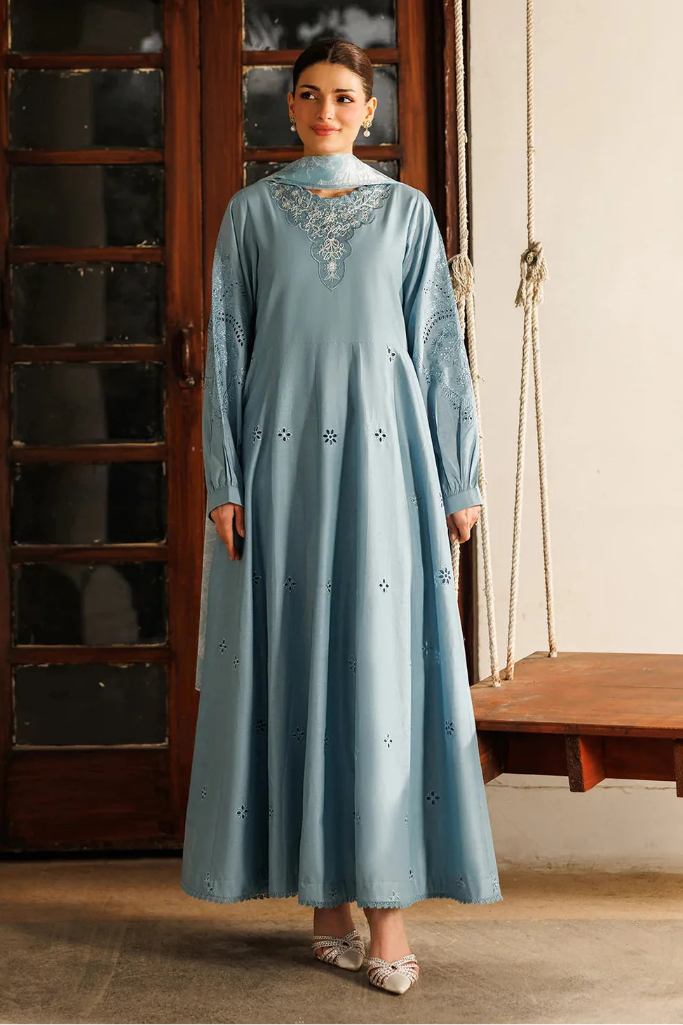 PANACHE - 3PC LAWN CHIKANKAARI EMBROIDERED FROCK WITH CHIFFON PRINTED DUPATTA AND TROUSER - HZG2994