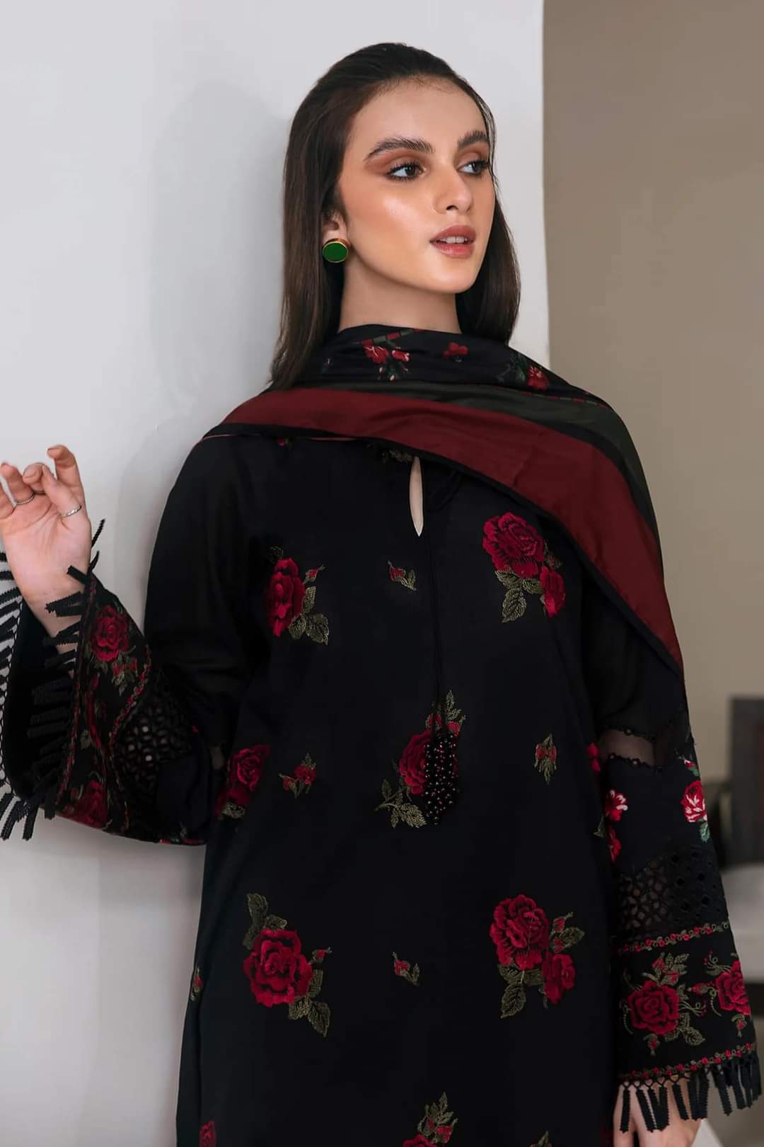JAZMIN - 3PC DHANAK EMBROIDERED SHIRT WITH TWILL PRINTED SHAWL AND TROUSER - HZG2407