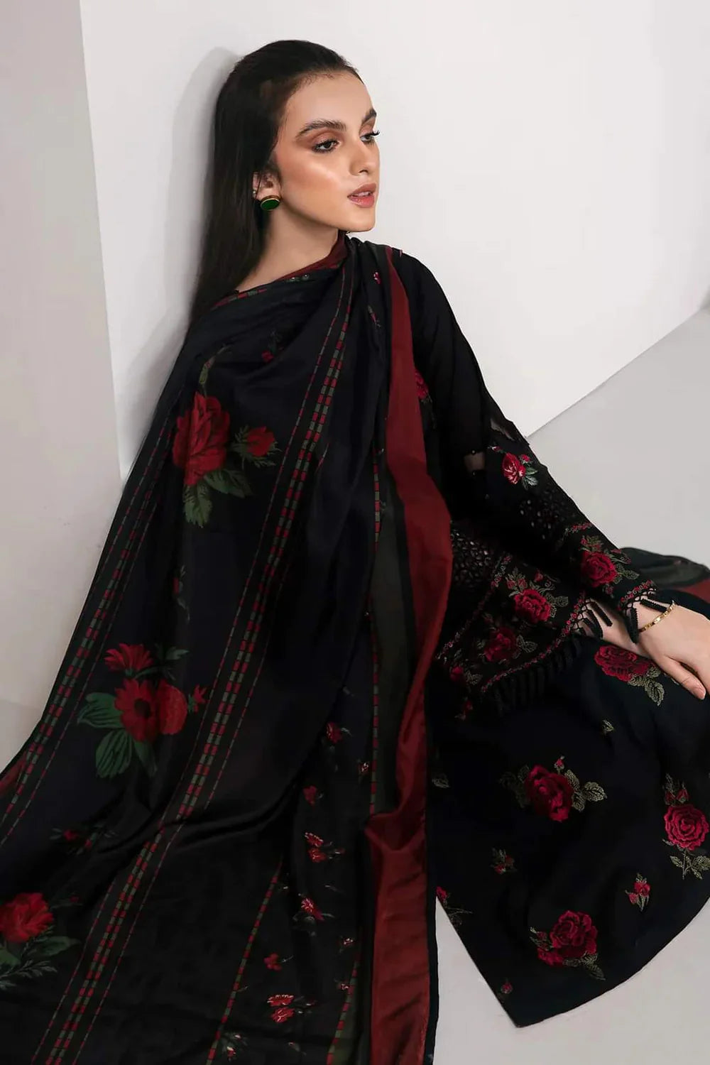 JAZMIN - 3PC DHANAK EMBROIDERED SHIRT WITH TWILL PRINTED SHAWL AND TROUSER - HZG2407