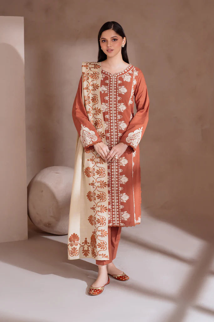 IZNIK - 3PC DHANAK EMBROIDERED SHIRT WITH TWILL PRINTED SHAWL AND TROUSER - HZG2024