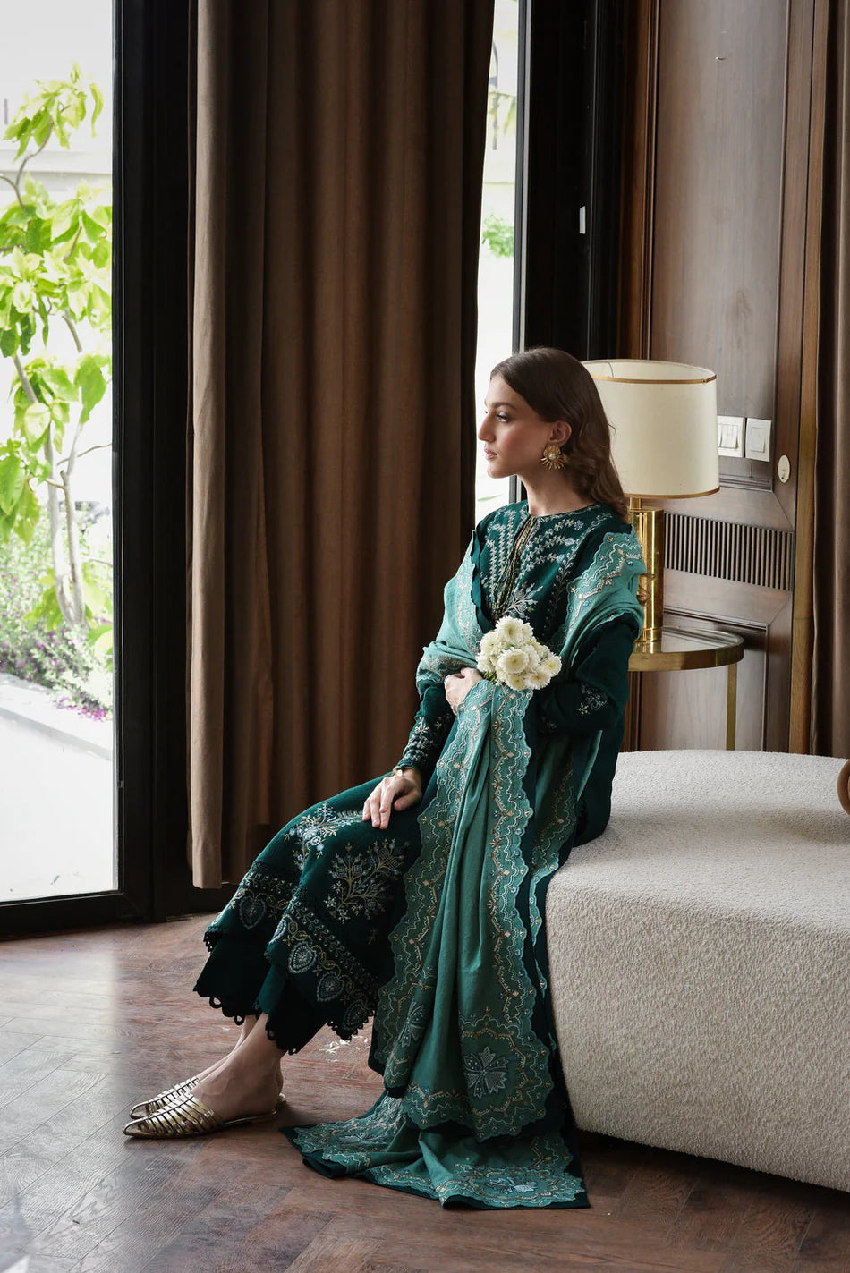 BATIK - 3PC KARANDI EMBROIDERED SHIRT WITH KARANDI EMBROIDERED SHAWL AND TROUSER - HZU2525