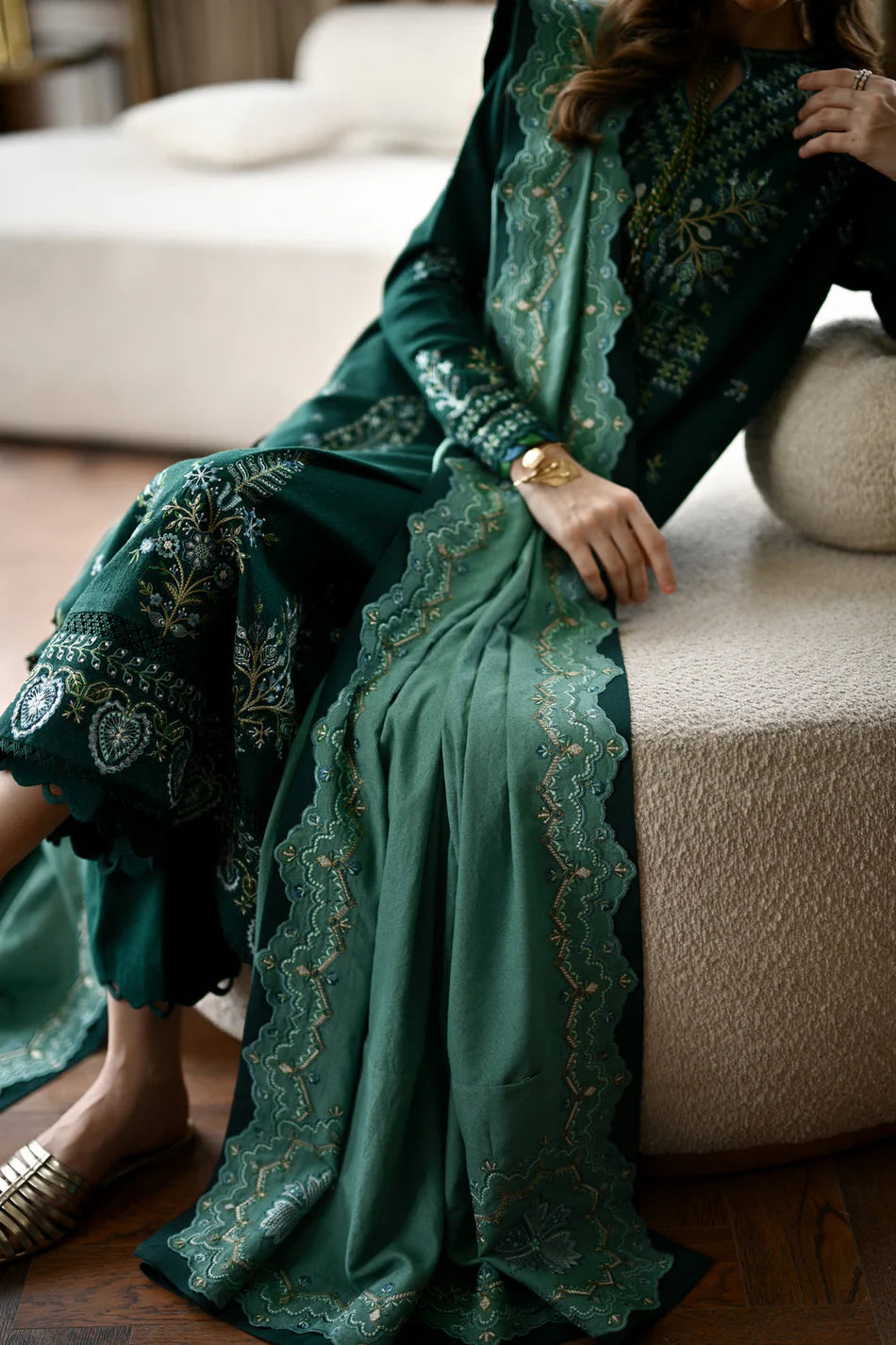 BATIK - 3PC KARANDI EMBROIDERED SHIRT WITH KARANDI EMBROIDERED SHAWL AND TROUSER - HZU2525