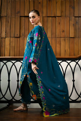 ZAIB - 3PC KARANDI EMBROIDERED SHIRT WITH KARANDI EMBROIDERED SHAWL AND TROUSER - HZU2589