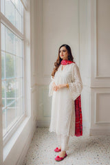 MARIA B - 3PC LAWN CHIKANKAARI EMBROIDERED SHIRT WITH CHUNRI PRINTED DUPATTA AND TROUSER - HZG1568