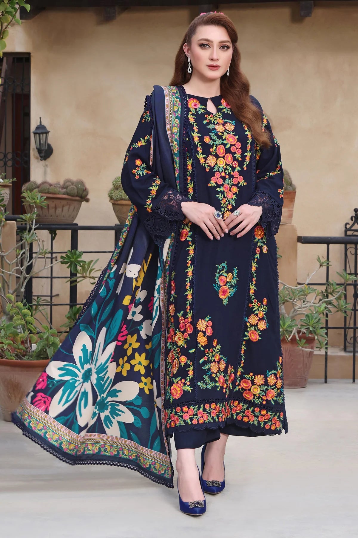 ASIM JOFA - 3PC DHANAK EMBROIDERED SHIRT WITH TWILL PRINTED SHAWL AND TROUSER - HZU2529
