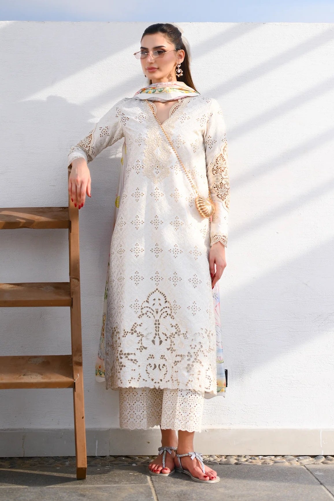 ZAIB - 3PC LAWN CHIKANKAARI EMBROIDERED SHIRT WITH SILK PRINTED DUPATTA AND TROUSER - HZG2993