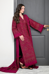 ZAIB - 3PC DHANAK EMBROIDERED SHIRT DHANAK EMBROIDERED SHAWL AND TROUSER - HZG3123