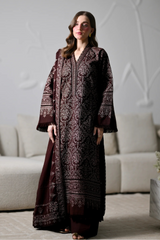 ZAIB - 3PC DHANAK EMBROIDERED SHIRT DHANAK EMBROIDERED SHAWL AND TROUSER - HZG3118