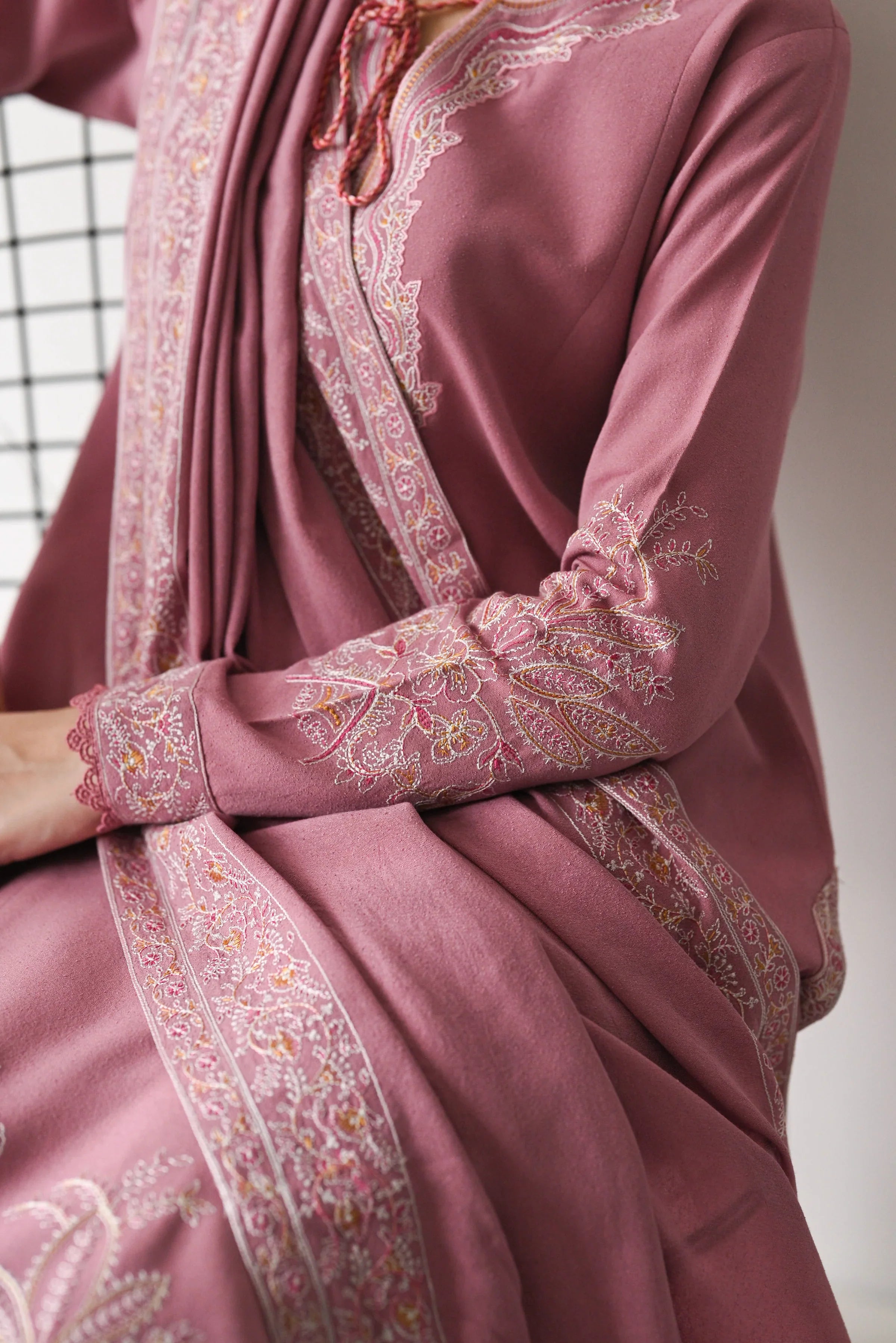 ASIM JOFA - 3PC DHANAK EMBROIDERED SHIRT WITH DHANAK EMBROIDERED SHAWL AND TROUSER - HZG2391