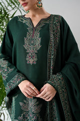 ASIM JOFA - 3PC DHANAK EMBROIDERED SHIRT WITH DHANAK EMBROIDERED SHAWL AND TROUSER - HZG2410
