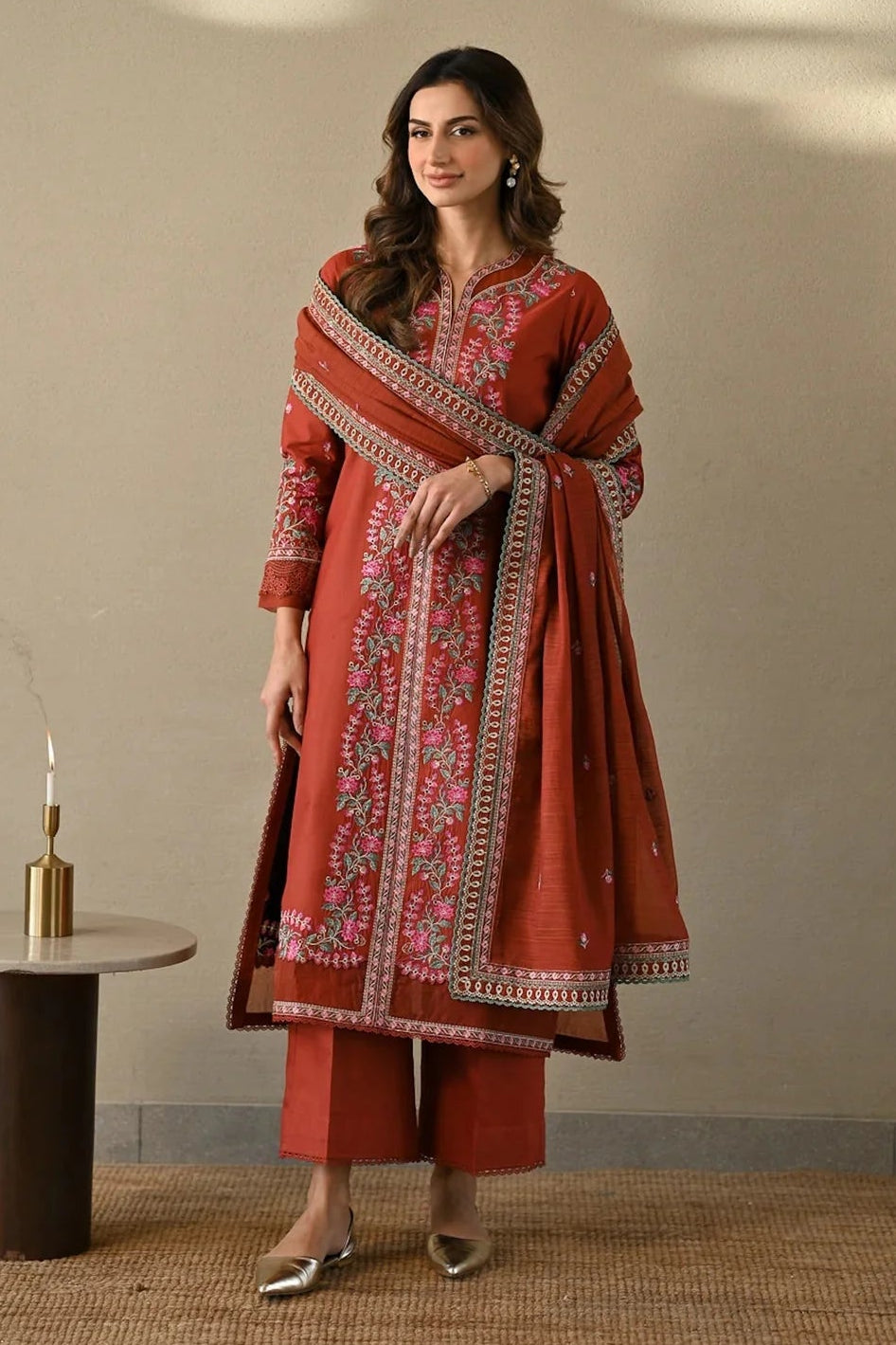 ZAIB - 3PC DHANAK EMBROIDERED SHIRT WITH DHANAK EMBROIDERED SHAWL AND TROUSER - HZU2595