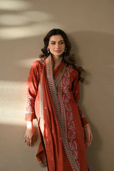 ZAIB - 3PC DHANAK EMBROIDERED SHIRT WITH DHANAK EMBROIDERED SHAWL AND TROUSER - HZU2595