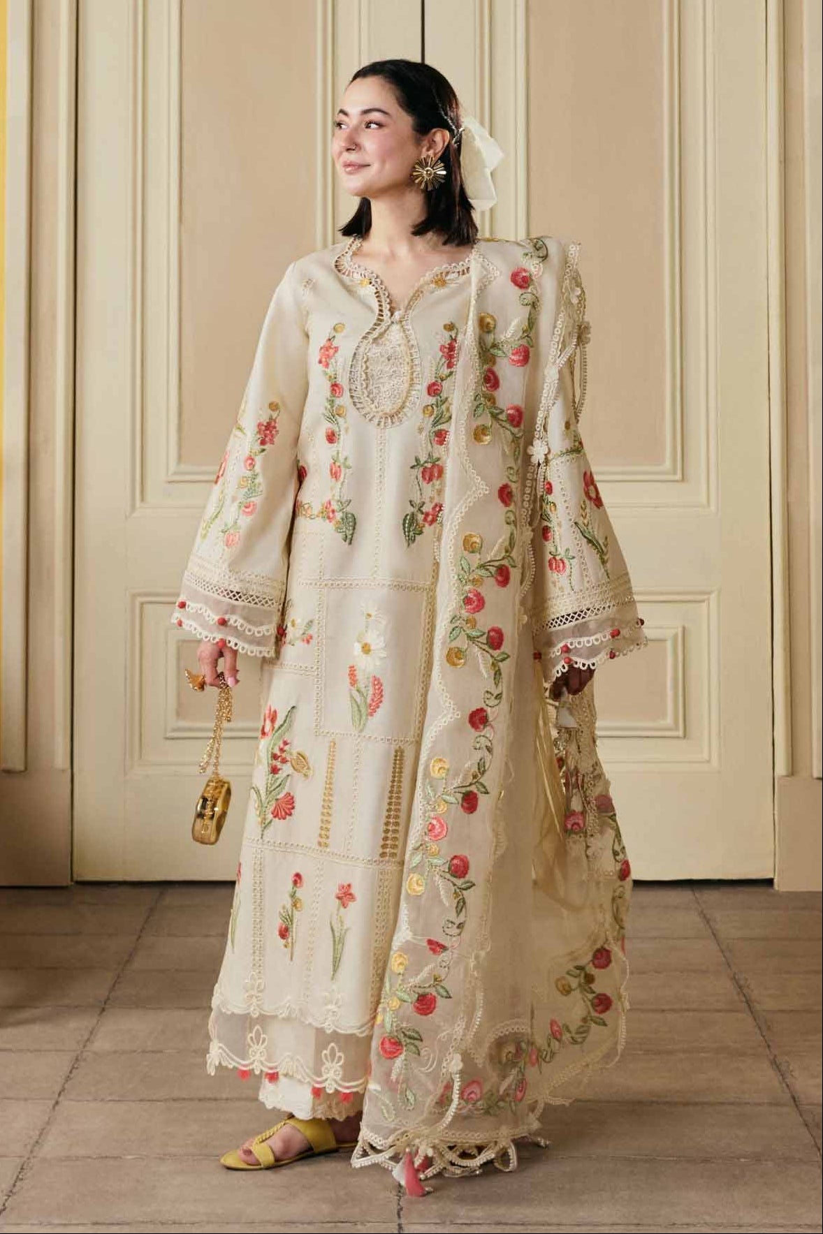 MARYAM HUSSAIN - 3PC LAWN EMBROIDERED SHIRT WITH KHADDI NET EMBROIDERED DUPATTA AND TROUSER - HZG3026