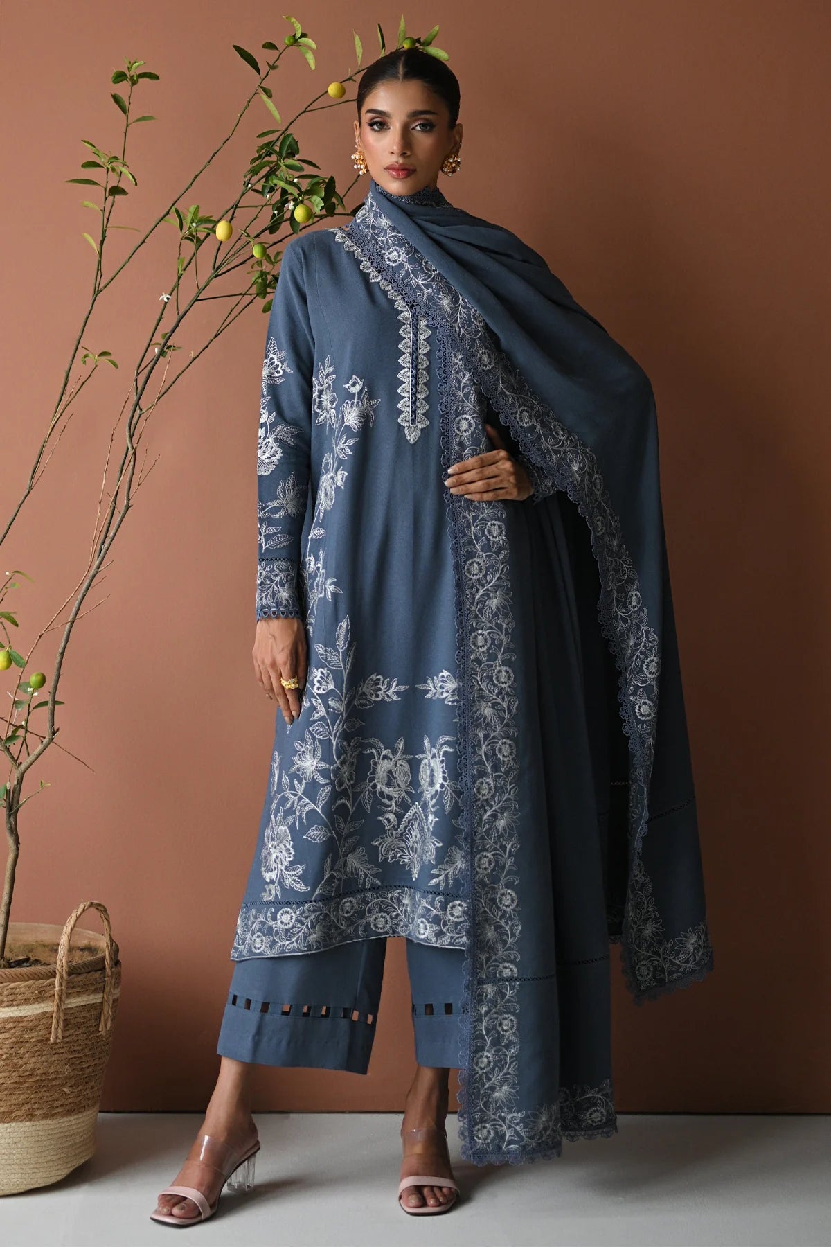 BATIK - 3PC DHANAK EMBROIDERED SHIRT WITH DHANAK EMBROIDERED SHAWL AND TROUSER - HZU2487
