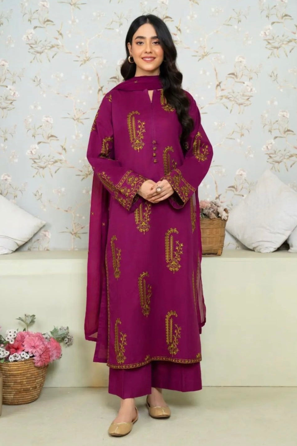 MOHAGNI - 3PC DHANAK EMBROIDERED SHIRT WITH DHANAK EMBROIDERED SHAWL AND TROUSER - HZU2569