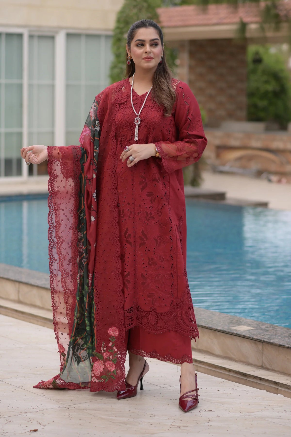 ANEELAS - 3PC LAWN CHIKANKAARI EMBROIDERED SHIRT WITH CHIFFON PRINTED DUPATTA AND TROUSER - HZG2988