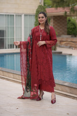 ANEELAS - 3PC LAWN CHIKANKAARI EMBROIDERED SHIRT WITH CHIFFON PRINTED DUPATTA AND TROUSER - HZG2988
