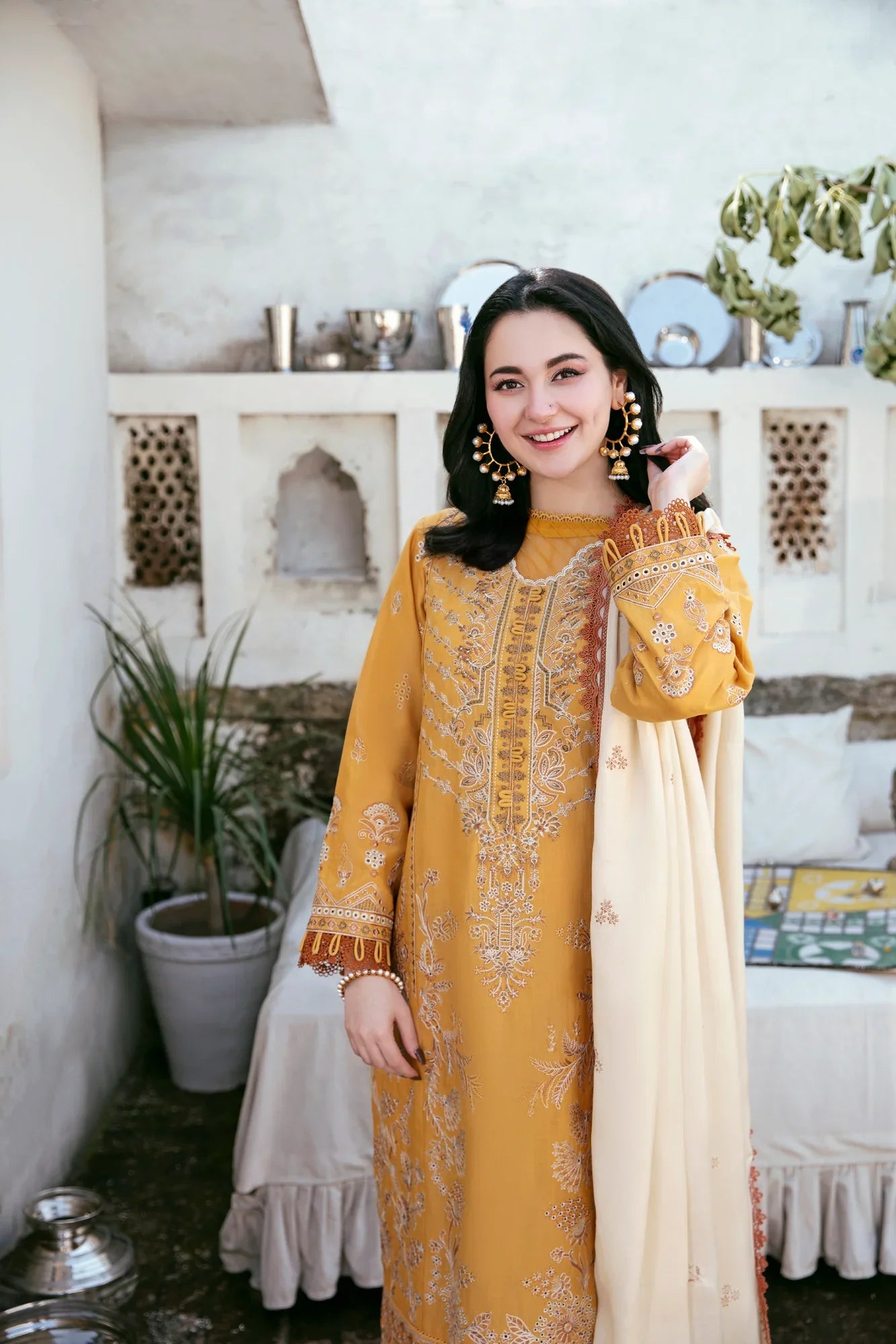 FLORENT - 3PC DHANAK EMBROIDERED SHIRT WITH DHANAK EMBROIDERED SHAWL AND TROUSER - HZG2319