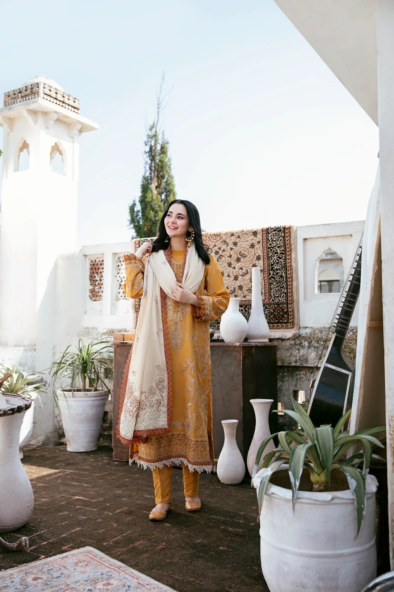 FLORENT - 3PC DHANAK EMBROIDERED SHIRT WITH DHANAK EMBROIDERED SHAWL AND TROUSER - HZG2319