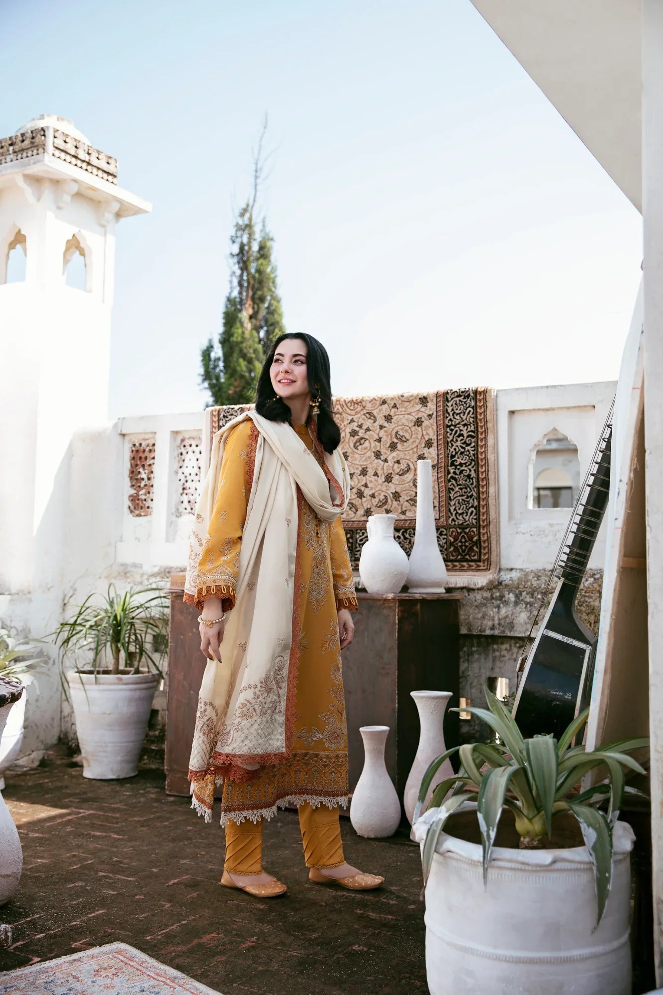 FLORENT - 3PC DHANAK EMBROIDERED SHIRT WITH DHANAK EMBROIDERED SHAWL AND TROUSER - HZG2319