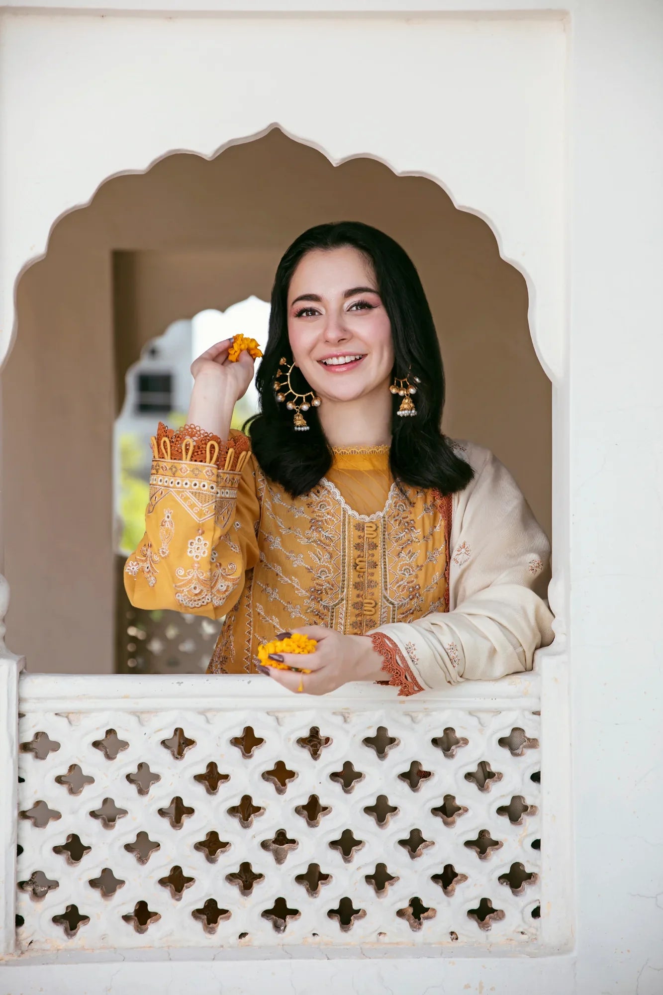 FLORENT - 3PC DHANAK EMBROIDERED SHIRT WITH DHANAK EMBROIDERED SHAWL AND TROUSER - HZG2319