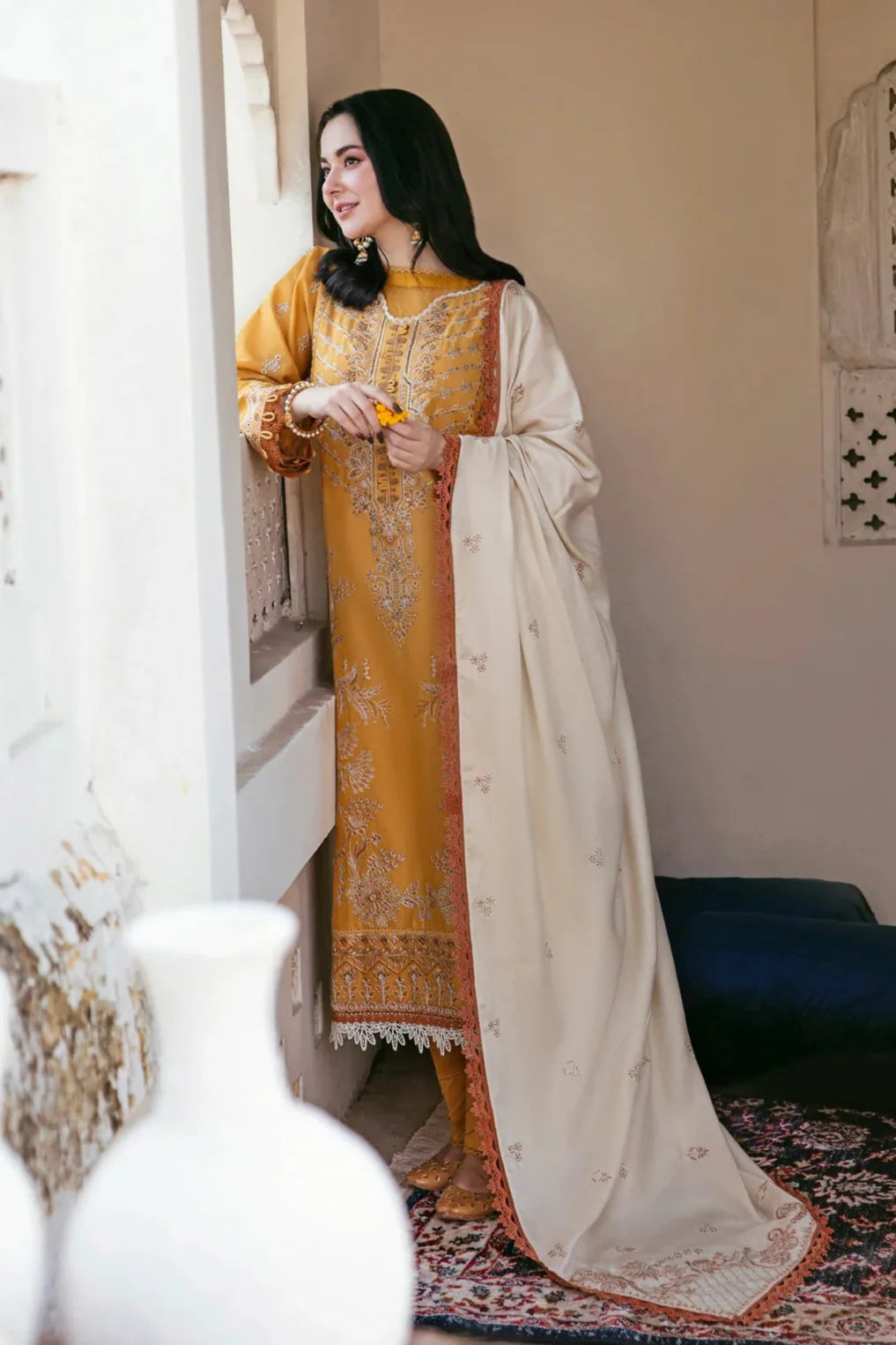 FLORENT - 3PC DHANAK EMBROIDERED SHIRT WITH DHANAK EMBROIDERED SHAWL AND TROUSER - HZG2319
