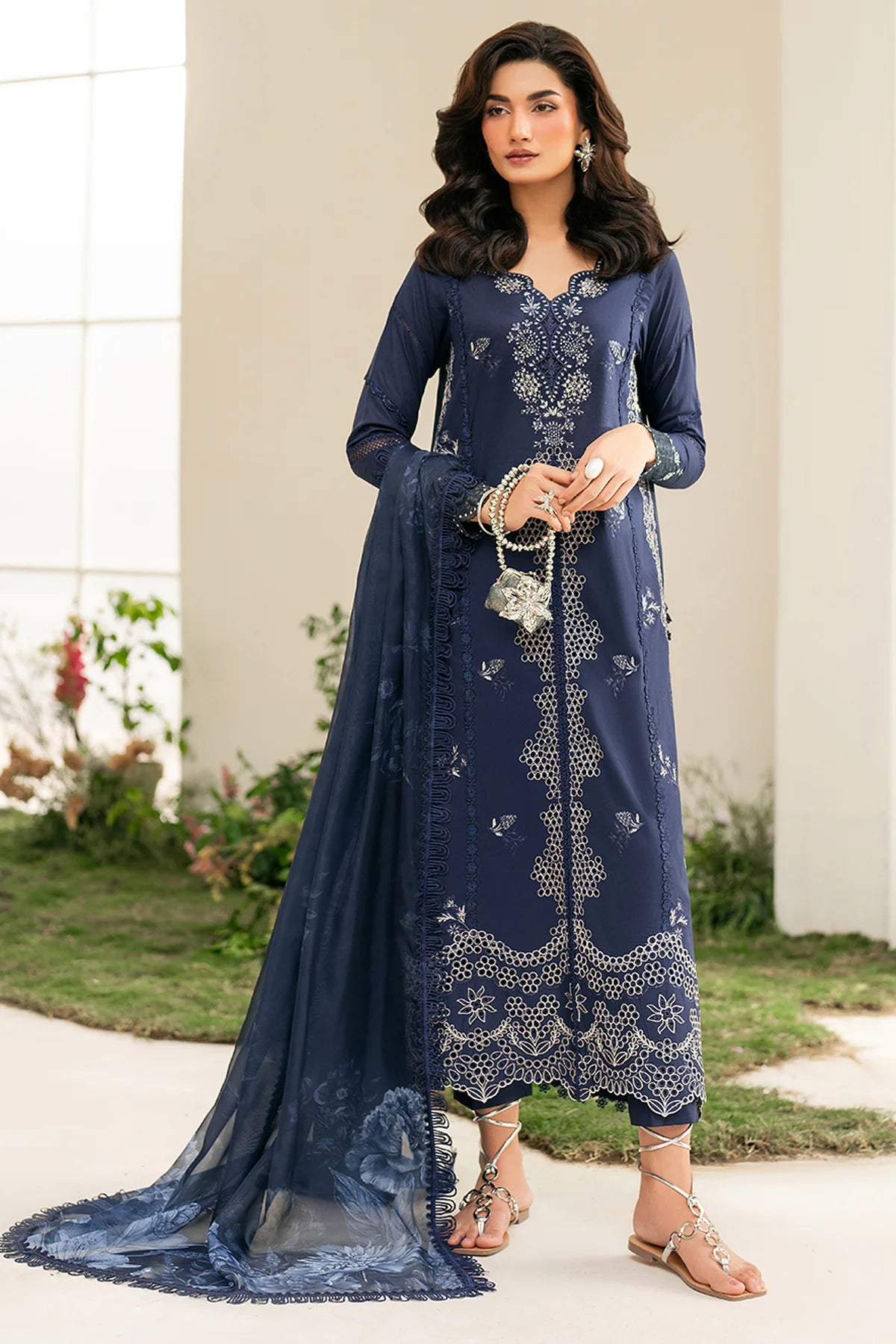 IZNIK - 3PC DHANAK EMBROIDERED SHIRT WITH TWILL PRINTED SHAWL AND TROUSER - HZG2443