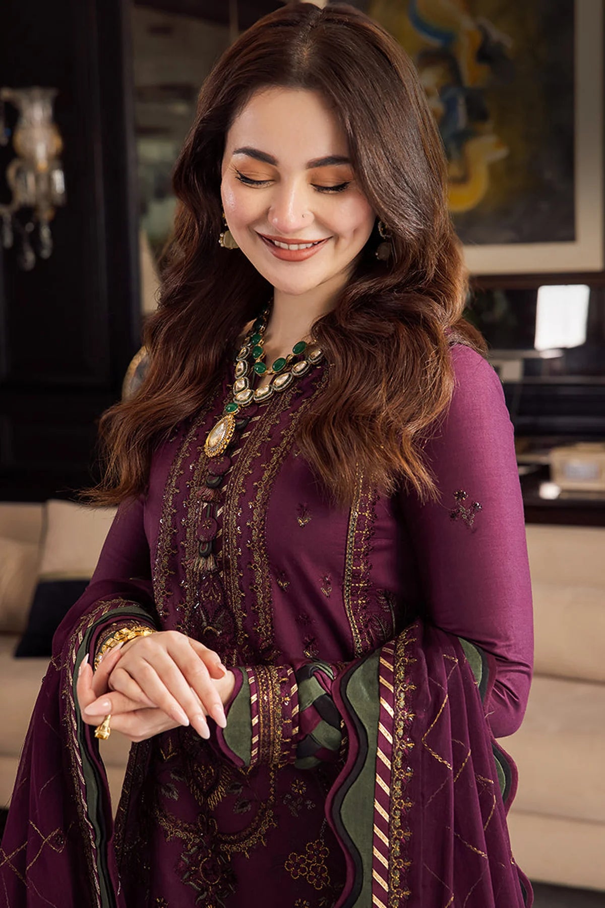 ASIM JOFA - 3PC DHANAK EMBROIDERED SHIRT WITH DHANAK EMBROIDERED DUPATTA AND TROUSER - HZU2426
