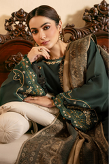 IZEL - 3PC DHANAK EMBROIDERED SHIRT WITH TWILL PRINTED SHAWL AND TROUSER - HZG2612