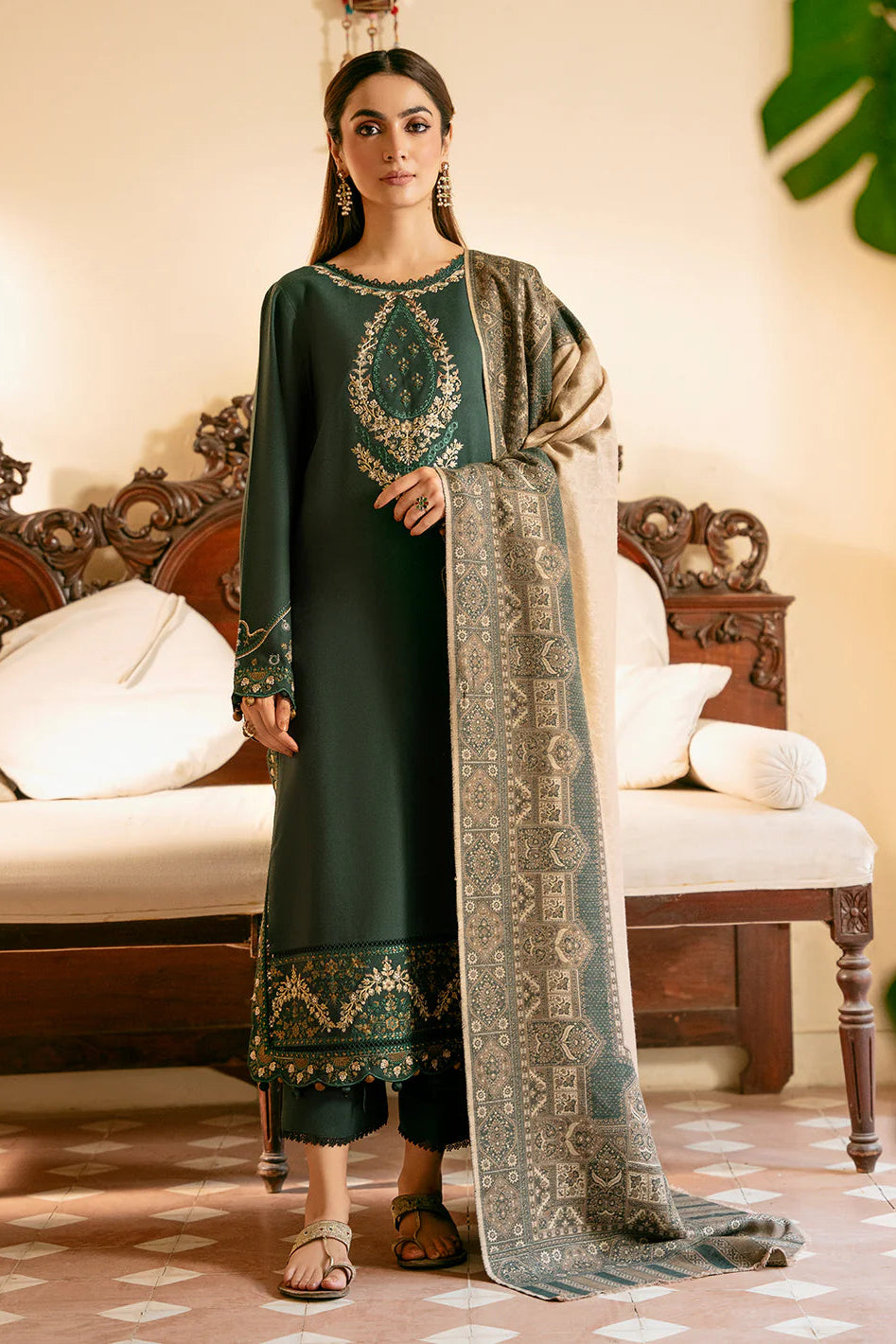 IZEL - 3PC DHANAK EMBROIDERED SHIRT WITH TWILL PRINTED SHAWL AND TROUSER - HZG2612