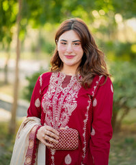 MUSHQ - 3PC DHANAK EMBROIDERED SHIRT WITH TWILL PRINTED SHAWL AND TROUSER - HZG1832