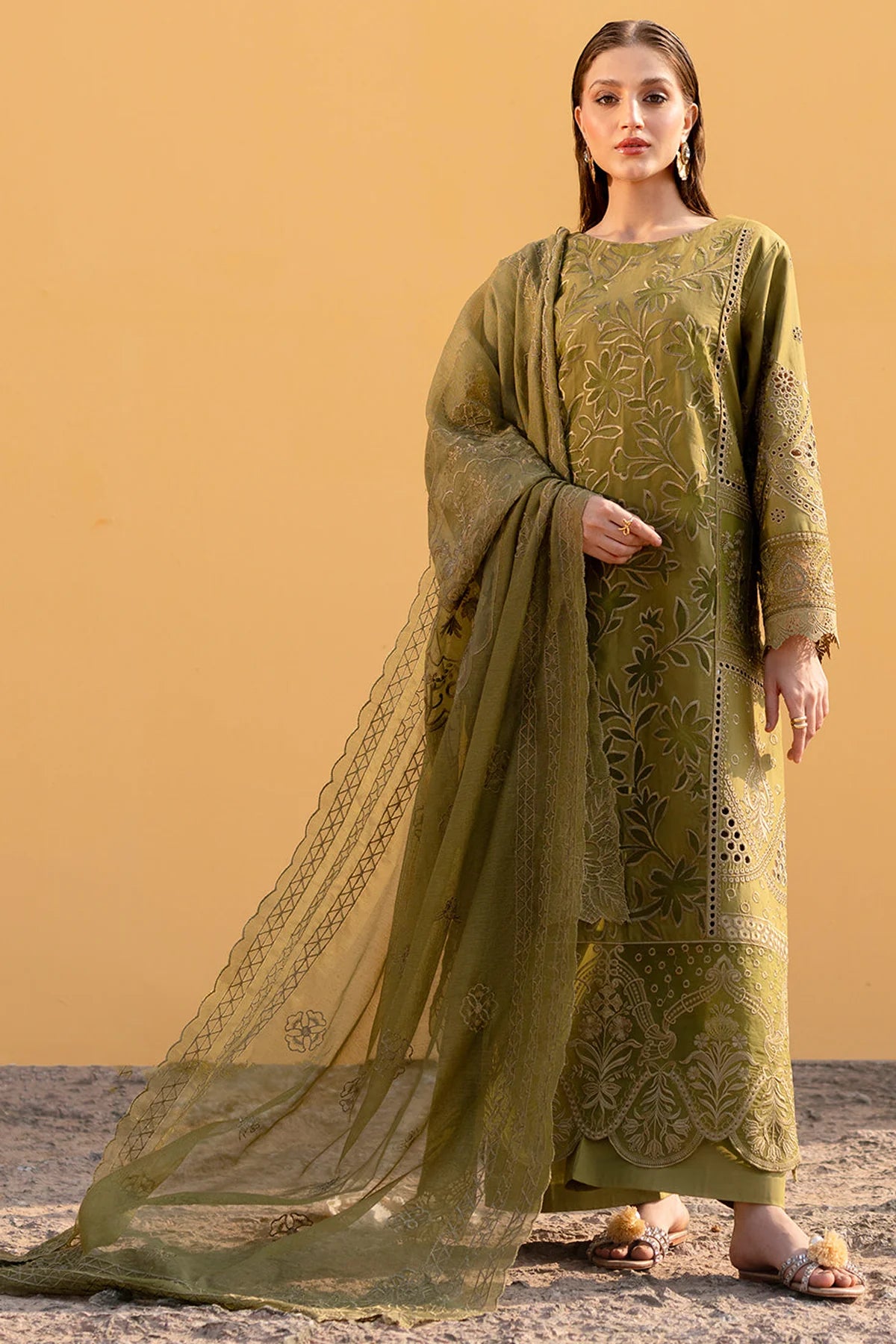 MAHNUR - 3PC LAWN LASERCUT EMBROIDERED SHIRT WITH KHADDI NET EMBROIDERED DUPATTA AND TROUSER - HZG2733