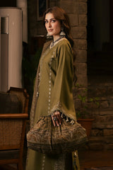 IZEL - 3PC DHANAK EMBROIDERED SHIRT TWILL PRINTED SHAWL AND TROUSER - HZG3157