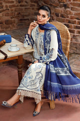 MARIA B - 3PC KHADDAR EMBROIDERED SHIRT WITH SLUB WOOL PRINTED SHAWL AND TROUSER - HZG1337