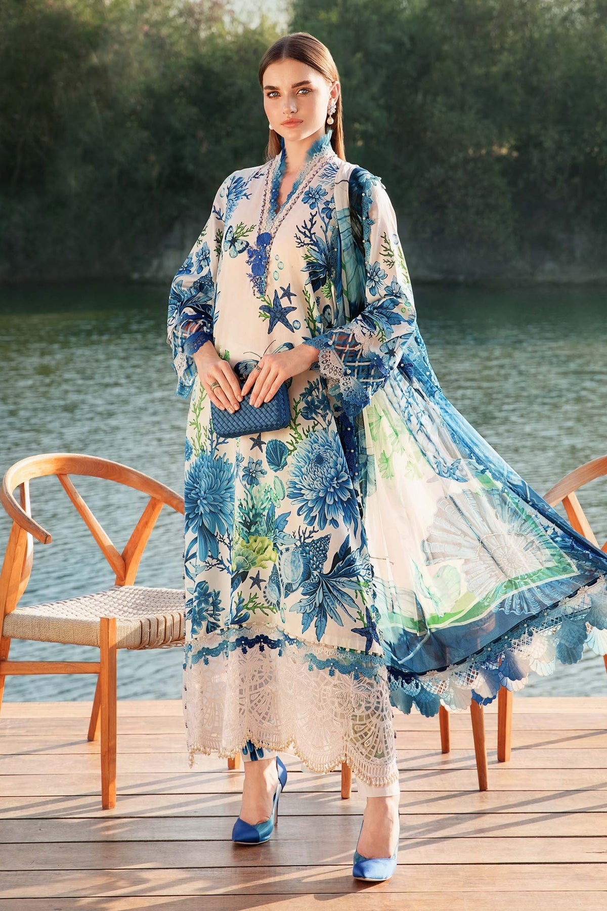 MARIA B - 3PC LAWN EMBROIDERED PRINTED SHIRT WITH MANAAR PRINTED DUPATTA AND TROUSER - HZG2256