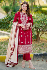 MUSHQ - 3PC DHANAK EMBROIDERED SHIRT WITH TWILL PRINTED SHAWL AND TROUSER - HZG1832