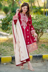 MUSHQ - 3PC DHANAK EMBROIDERED SHIRT WITH TWILL PRINTED SHAWL AND TROUSER - HZG1832