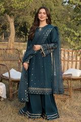 ALLYS - 3PC LAWN SEQUIN EMBROIDERED SHIRT WITH ORGANZA EMBROIDERED DUPATTA AND TROUSER - HZG2843