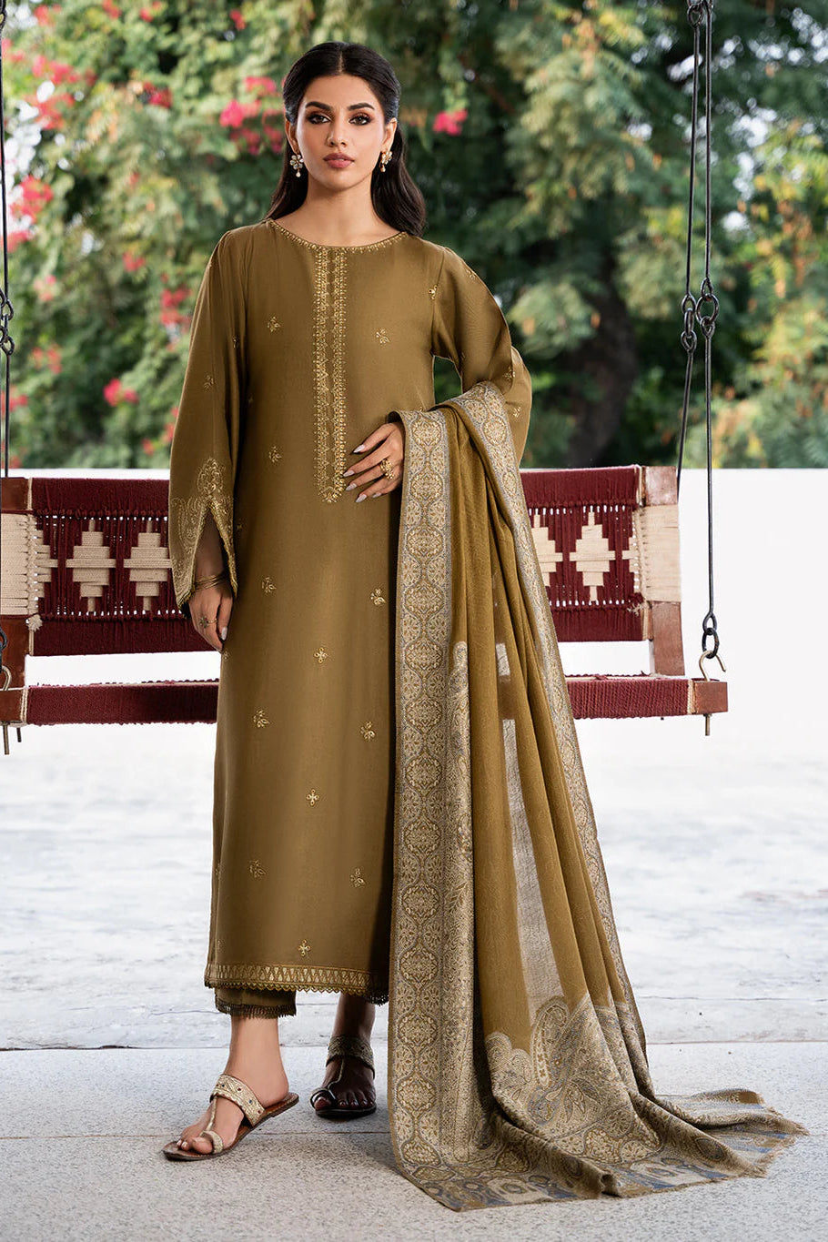 IZEL - 3PC DHANAK EMBROIDERED SHIRT WITH TWILL PRINTED SHAWL AND TROUSER - HZU2586