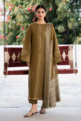 IZEL - 3PC DHANAK EMBROIDERED SHIRT WITH TWILL PRINTED SHAWL AND TROUSER - HZU2586