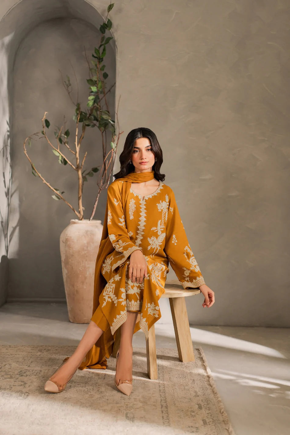 BATIK - 3PC DHANAK EMBROIDERED SHIRT WITH CHIFFON DUPATTA AND TROUSER - HZU2434